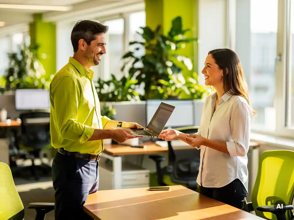 laptop-overdracht-it-collega-kantoor.jpg IT-professional overhandigt laptop aan lachende collega in modern open kantoor met groene accenten en natuurlijk licht.