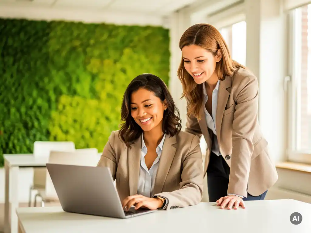 Twee professionals bekijken samen een laptop in een modern Nederlands kantoor met groene accentmuur en natuurlijk raamlicht.