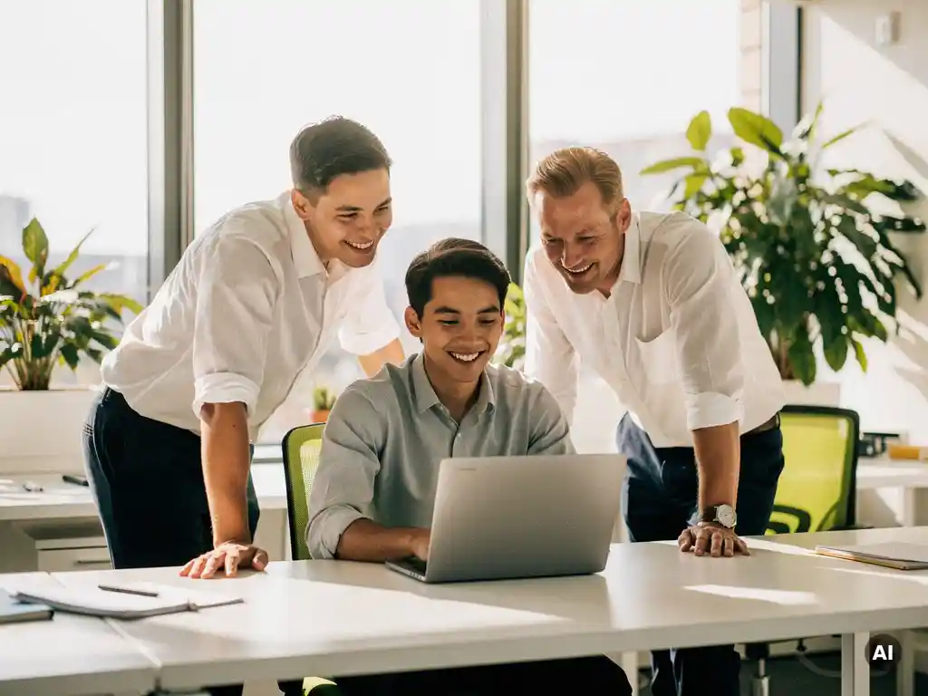 Drie collega's van een klein bedrijf werken samen rond een laptop in een licht modern kantoor met planten en grote ramen.
