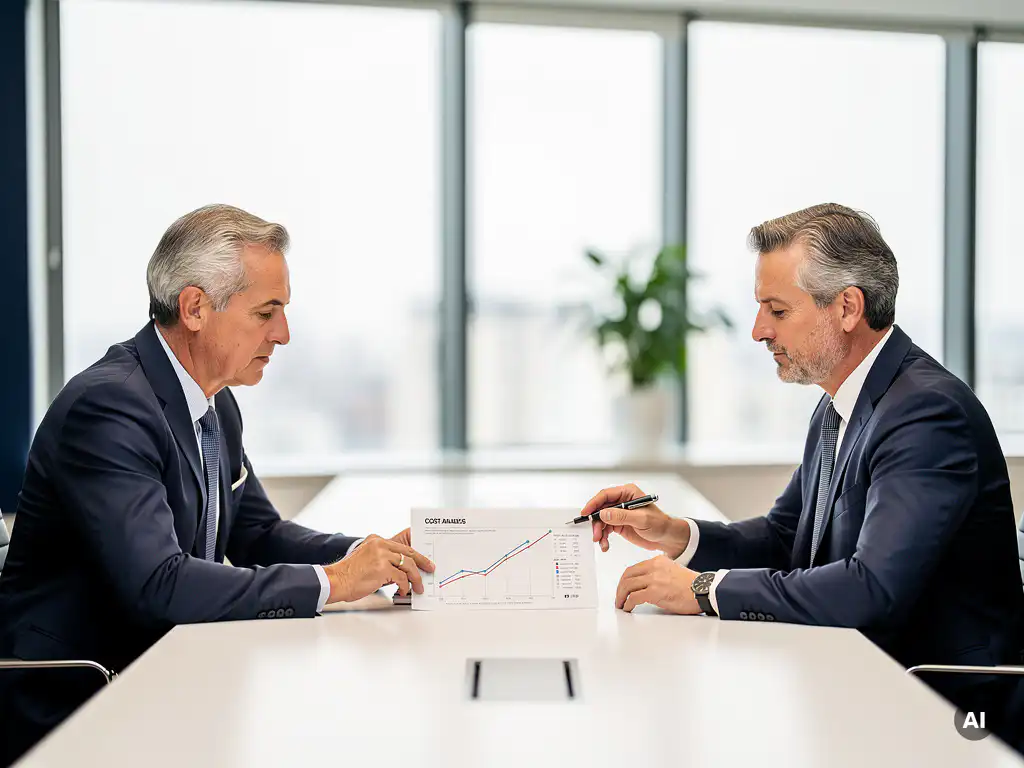 kostenanalyse-vergadering-it-manager-cfo.jpg Senior IT-manager en CFO bespreken kostenanalyse in moderne boardroom met groot raampartij en natuurlijk daglicht.