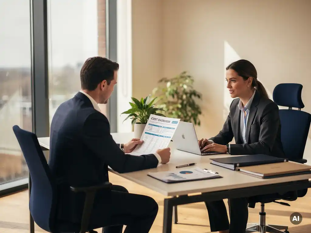 Financieel manager bespreekt kostenoverzicht met collega aan modern bureau, natuurlijk daglicht, professioneel kantoorinterieur.