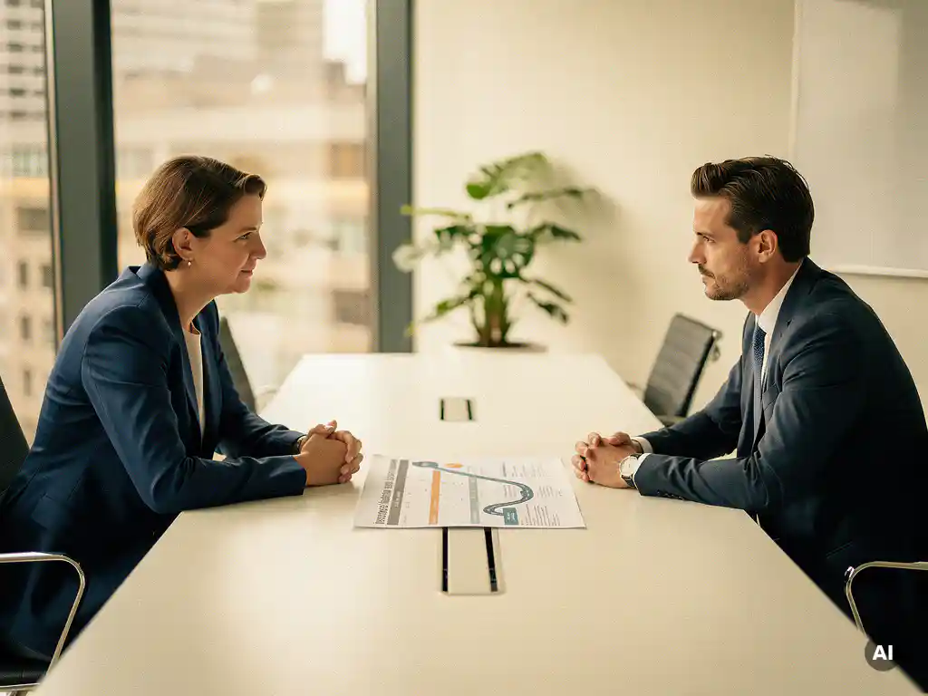 it-strategie-manager-adviseur-overleg.jpg Niet-technische manager en IT-adviseur bespreken strategische roadmap aan moderne vergadertafel in Nederlands kantoor met daglicht.