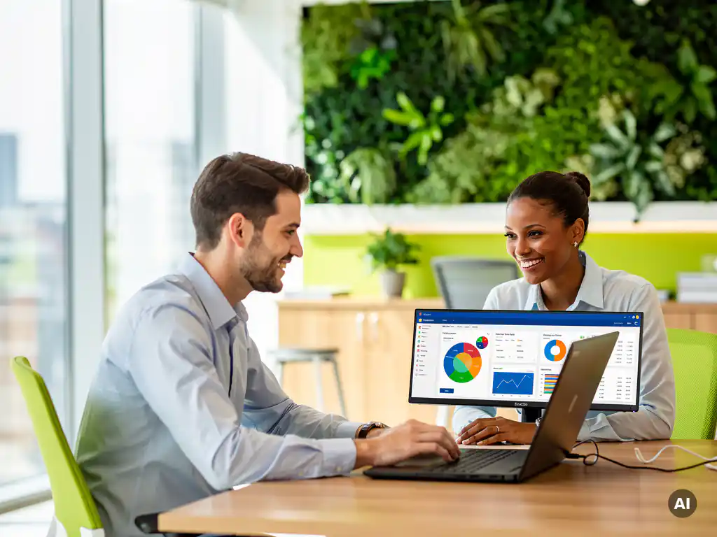 IT-professional en collega werken samen aan Microsoft 365-dashboard op groot scherm in modern kantoor met groene accentmuur.