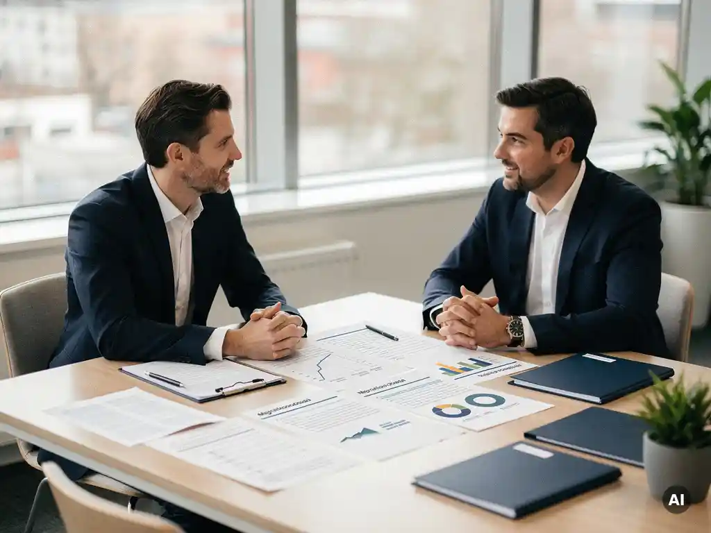 IT-manager en collega bespreken migratie-roadmap aan vergadertafel met marineblauwe mappen in licht kantoor.