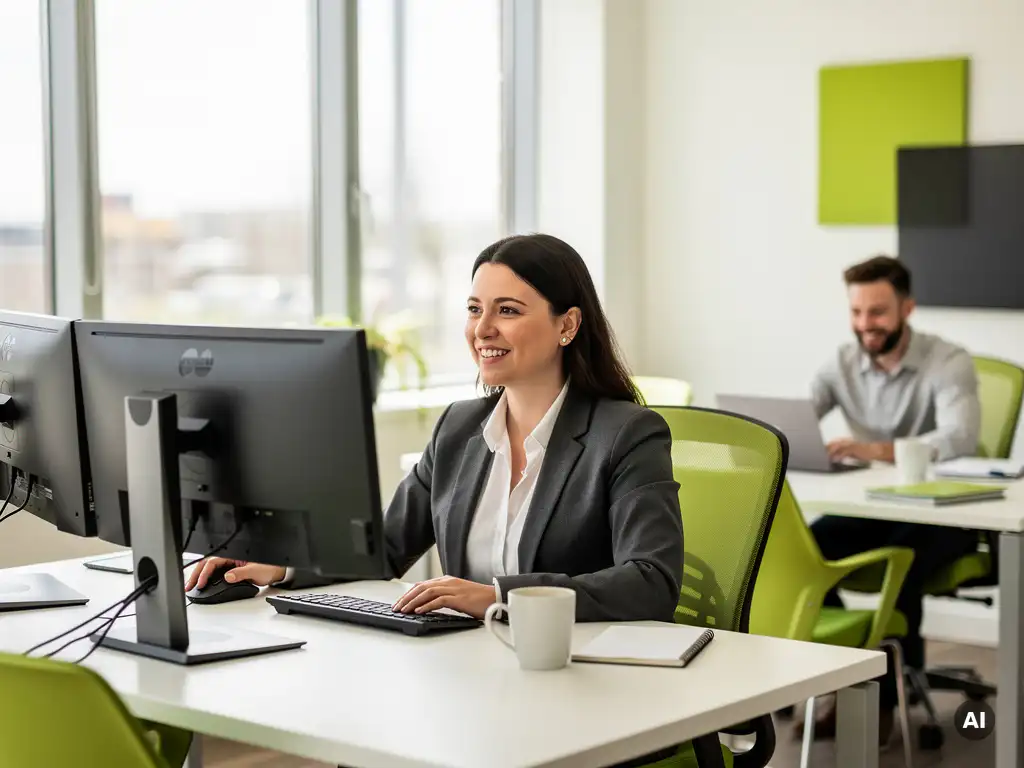Professional werkt zelfverzekerd aan een dual-monitor werkstation in een modern open kantoor met limoengroene accenten en natuurlijk licht.
