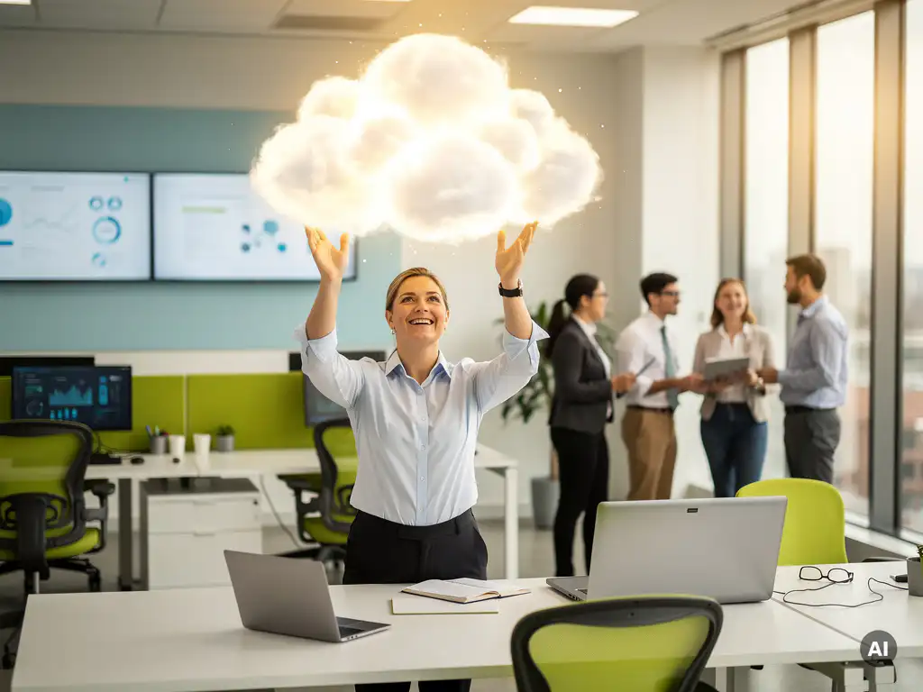 Professional in modern kantoor reikt naar lichtgevende cloud-iconen boven bureau, collega's werken samen op de achtergrond met limoengroene accenten.