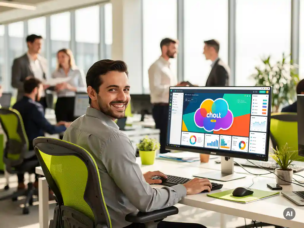 Professional glimlacht naar ultrabreed scherm met cloud workspace dashboard in modern kantoor met vloer-tot-plafond ramen en limoengroene accenten.
