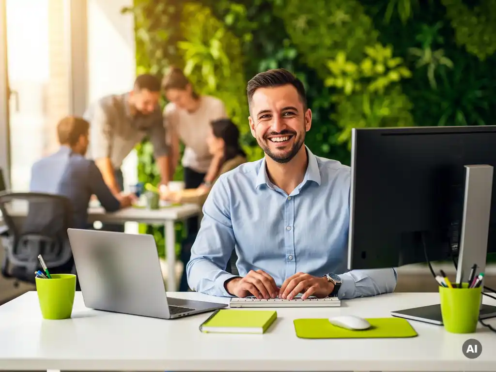professioneel-kantoor-monitor-werkplek-groen.jpg Glimlachende professional aan een ultrabreed monitor op een wit bureau met limoengroene accessoires in een modern open kantoor.