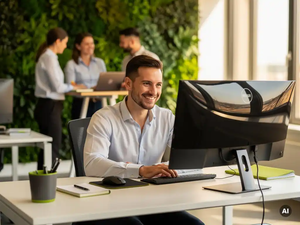productief-kantoor-professional-ultrawide-monitor.jpg Professional glimlacht achter ultrawide monitor in modern open kantoor met groene accentmuur en natuurlijk licht.