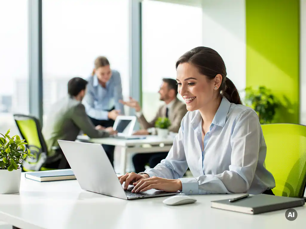 professioneel-kantoor-laptop-samenwerking-daglicht.jpg Glimlachende professional bekijkt laptop in modern open kantoor met grote ramen, collega's op de achtergrond, groene accenten in interieur.