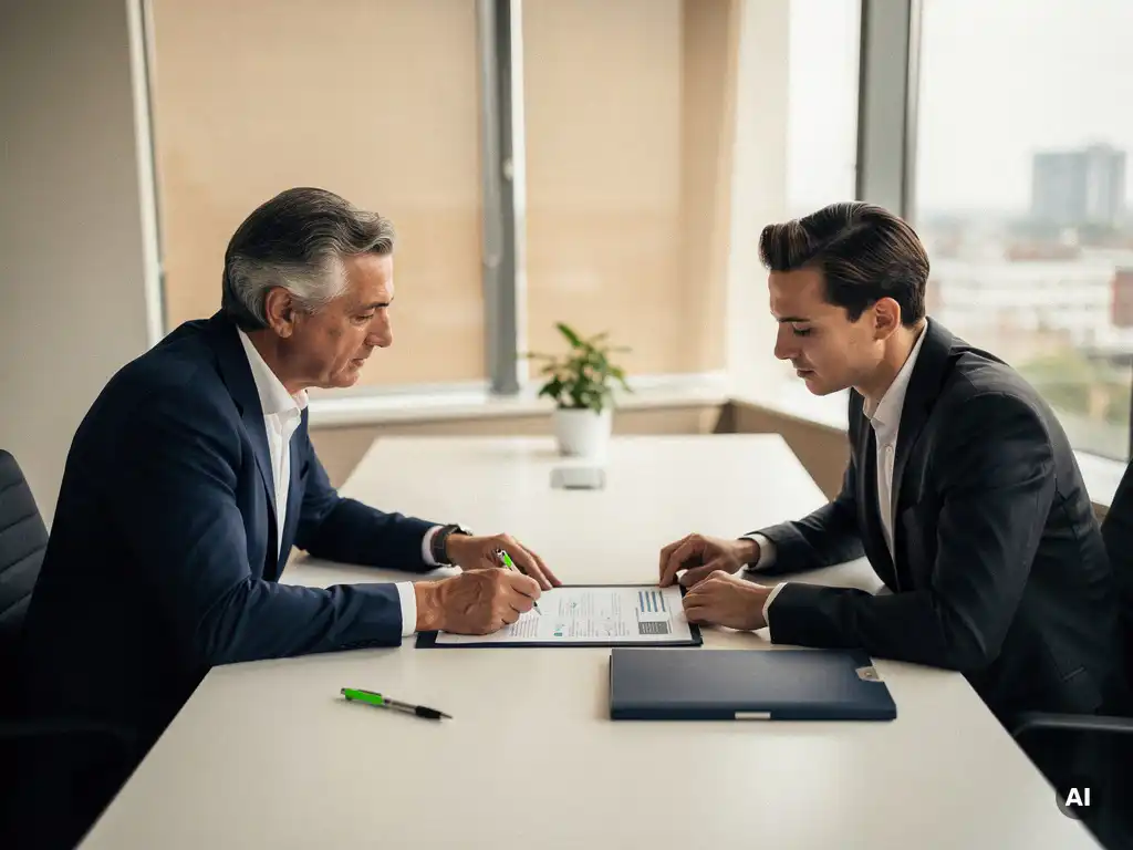Senior manager en IT-consultant bespreken strategisch document aan moderne vergadertafel met natuurlijk daglicht.