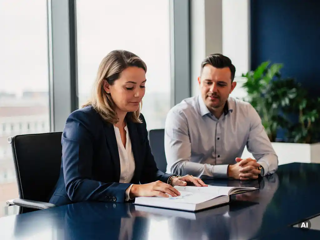 Senior manager bespreekt strategisch document met collega aan donkerblauwe vergadertafel in modern Nederlands kantoor.