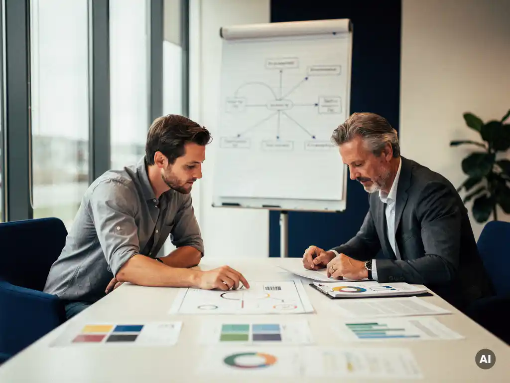 strategisch-roadmap-it-manager-overleg.jpg IT-manager en senior collega bespreken strategische roadmap op vergadertafel in modern Nederlands kantoor met natuurlijk daglicht.