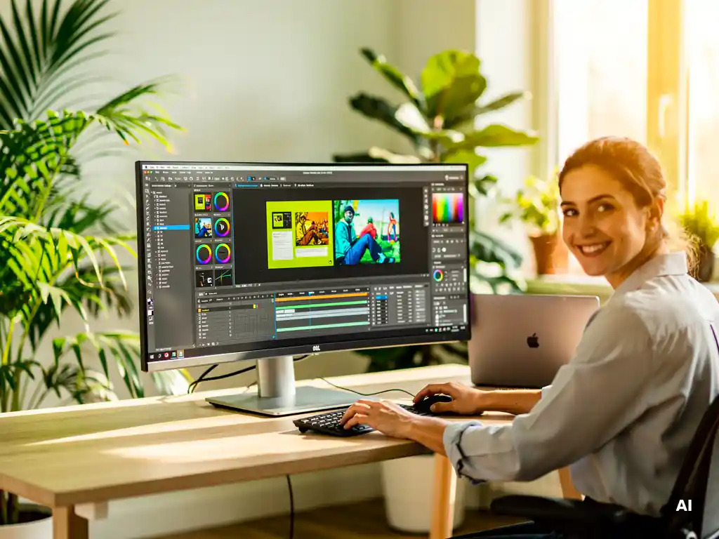 Glimlachende professional werkt vanuit lichte thuiskantoor op ultrawide monitor met designsoftware, omringd door groene kamerplanten en warm hout.