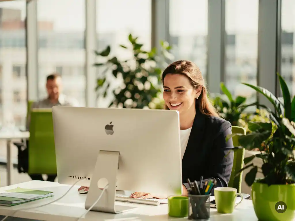kantoor-professional-monitor-modern-werkplek.jpg Professional glimlacht naar ultrawide monitor in modern Nederlands kantoor met collega op achtergrond en groene planten.